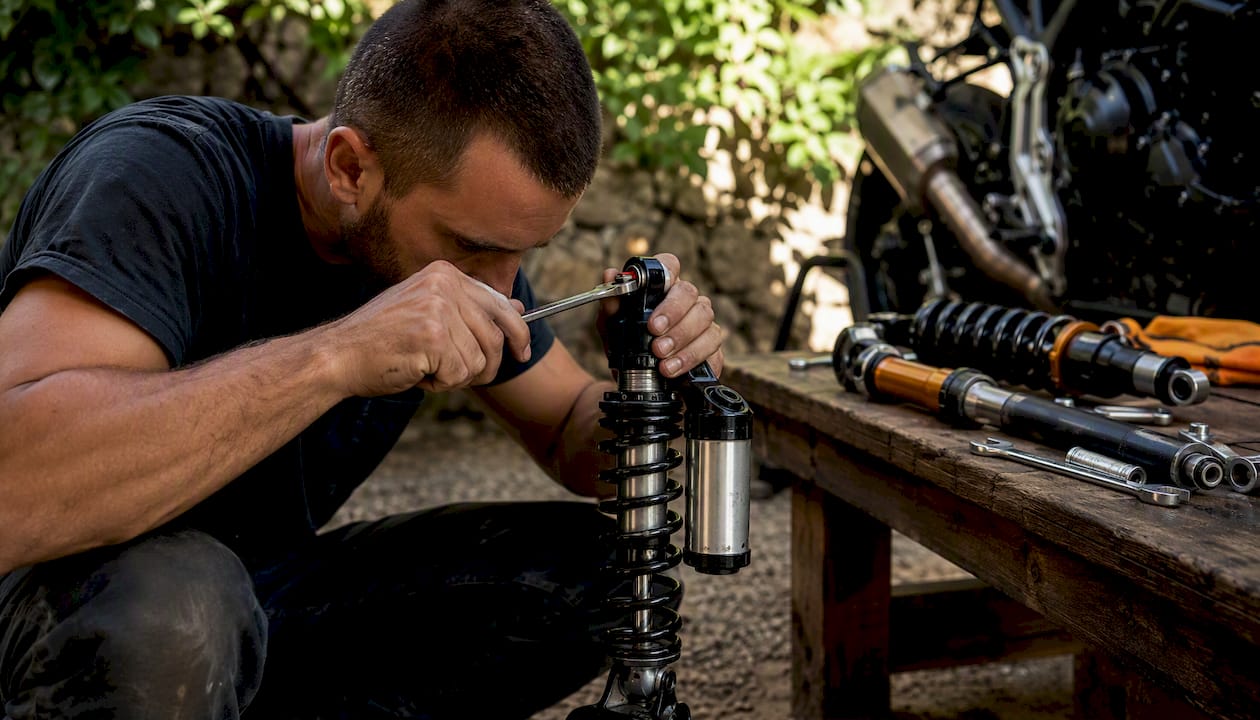 Hands adjusting motorcycle suspension shock