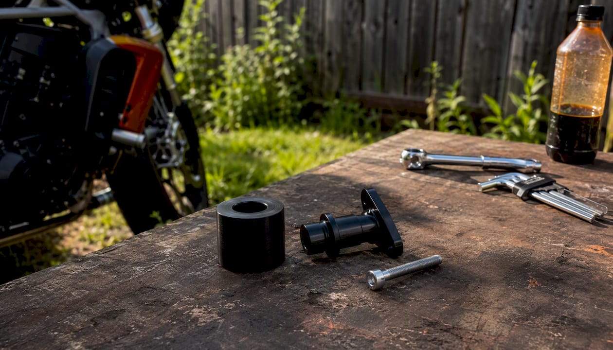 Close-up of motorcycle frame slider parts on workbench