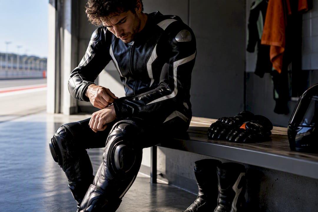 Rider preparing certified track protection gear