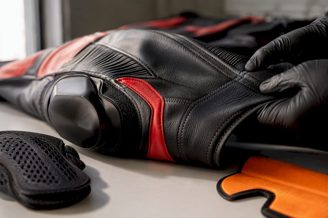 Close-up of reinforced racing suit seam