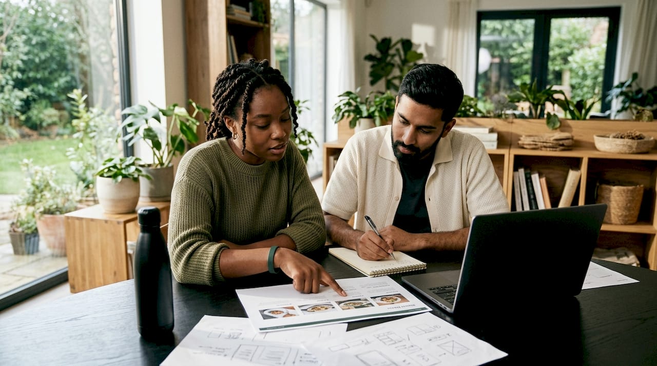 Two colleagues reviewing website menu layouts