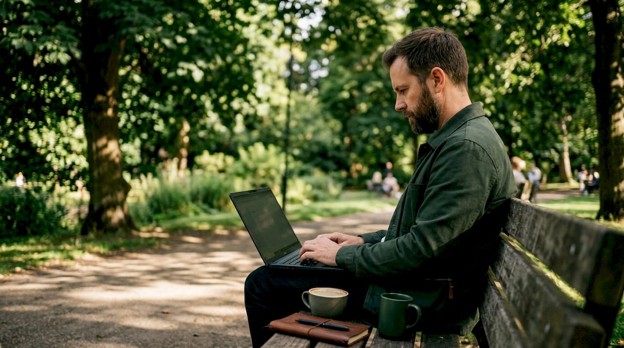 Man using laptop in café, shaping brand perception