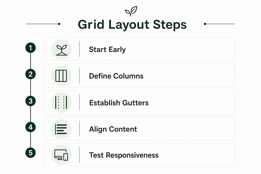 Infographic showing five key steps for implementing grid layouts