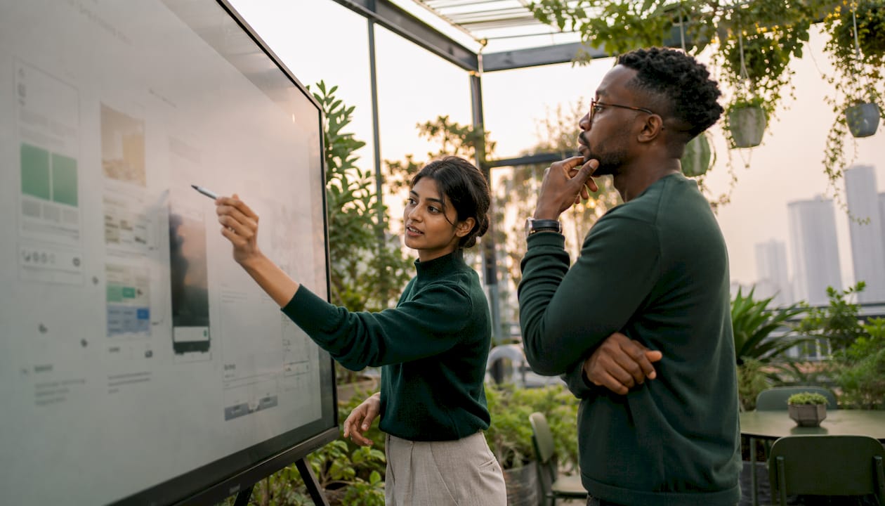 Designer using digital whiteboard for web infographics