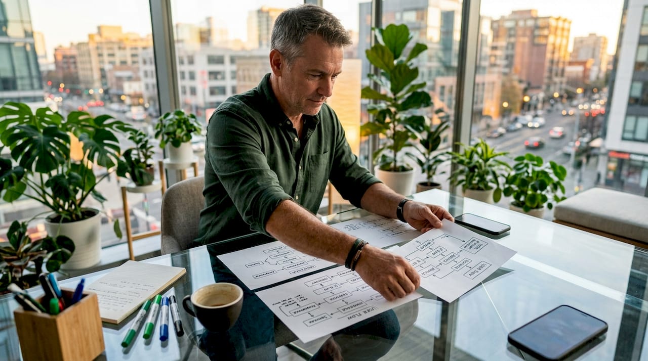 Hands arranging website navigation flowcharts on table