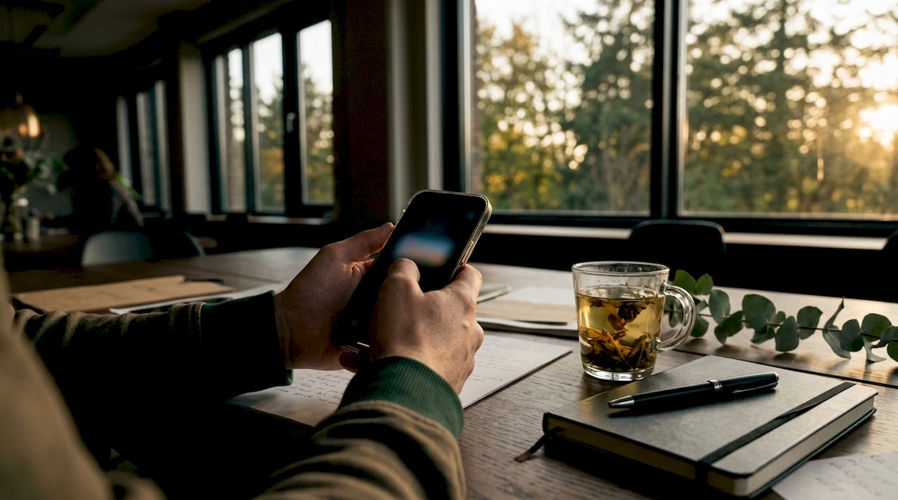 Hands holding smartphone at café verifying business details