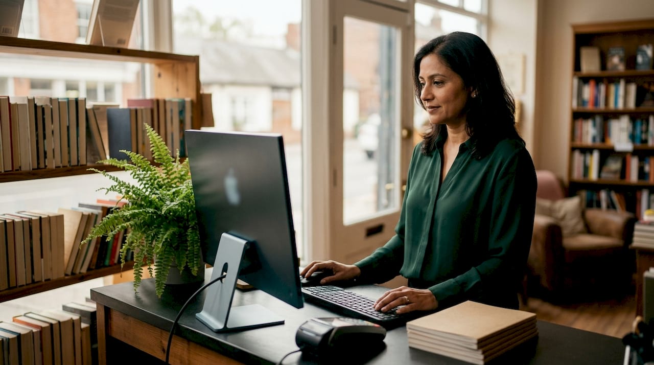 Local business owner working on desktop computer profile