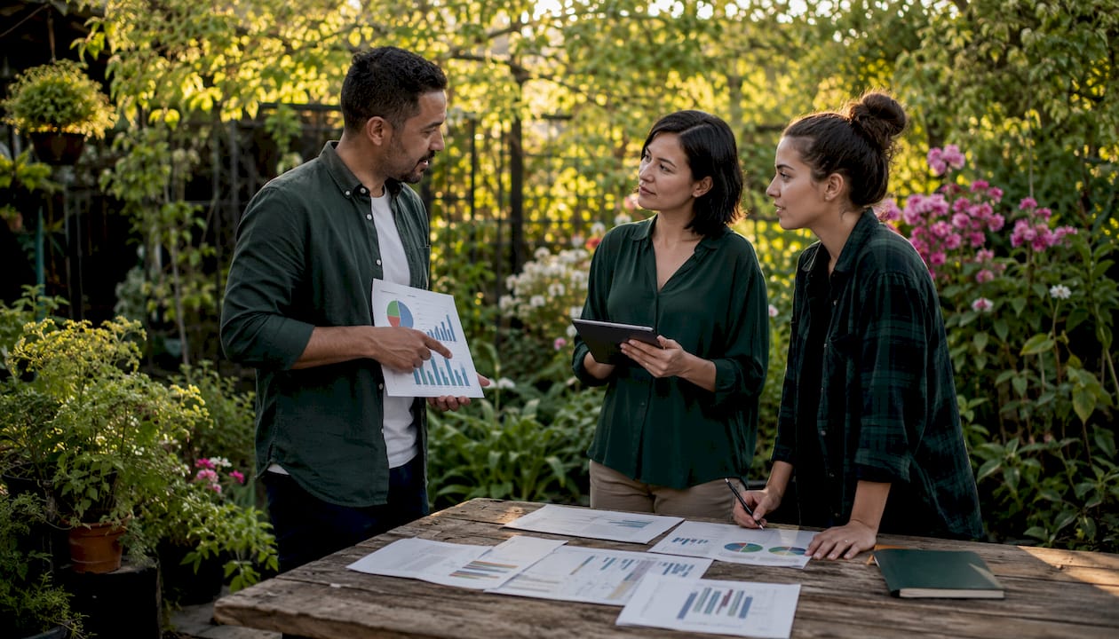 Small business team discussing visitor data reports
