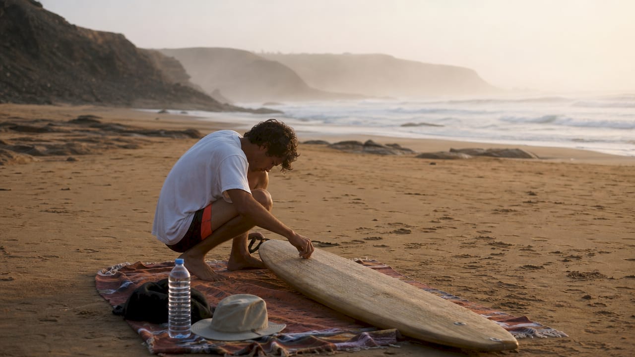 Au lever du soleil, un surfeur prépare sa planche sur la plage de Mirleft, prêt à profiter des premières vagues.