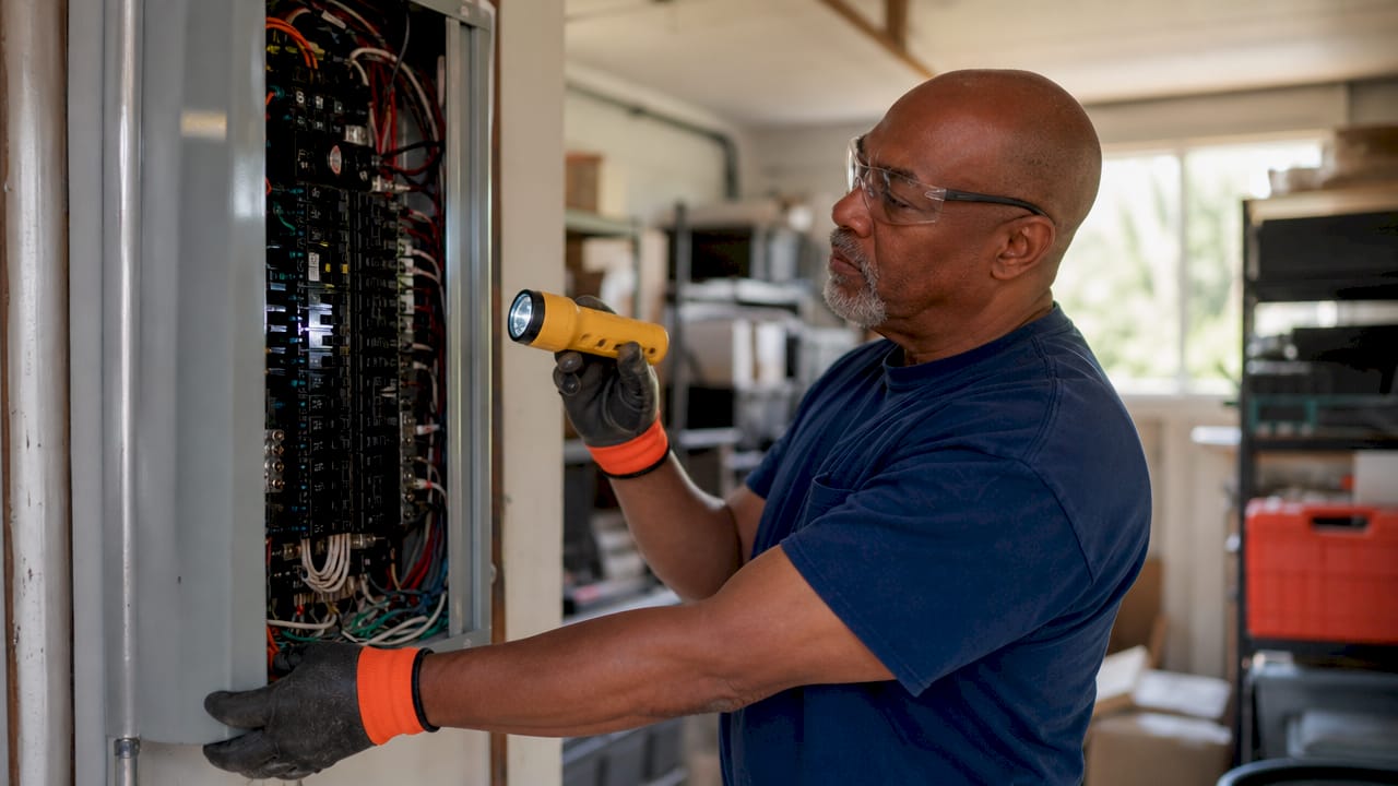 Contractor inspecting electrical panel in basement