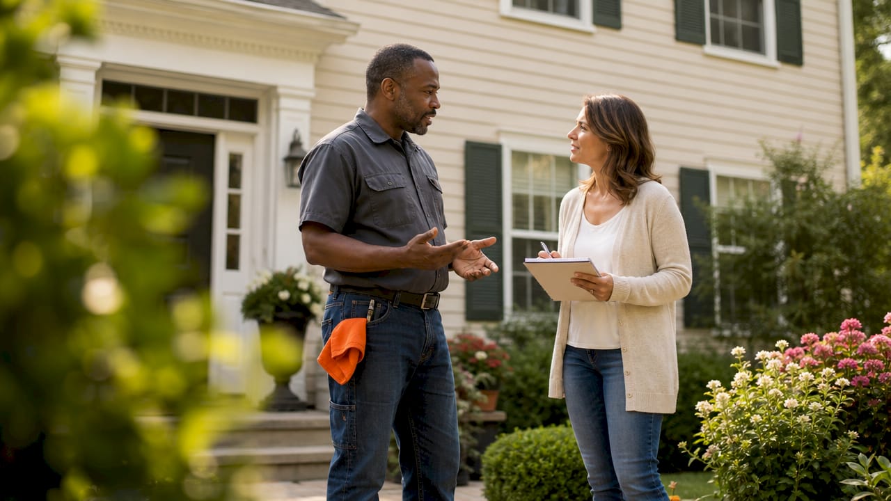 Handyman consulting client at home doorstep