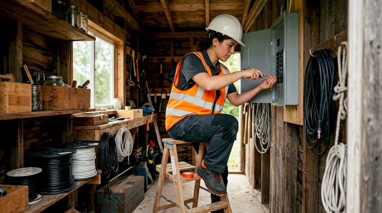 Electrician installing circuit breaker panel upgrade