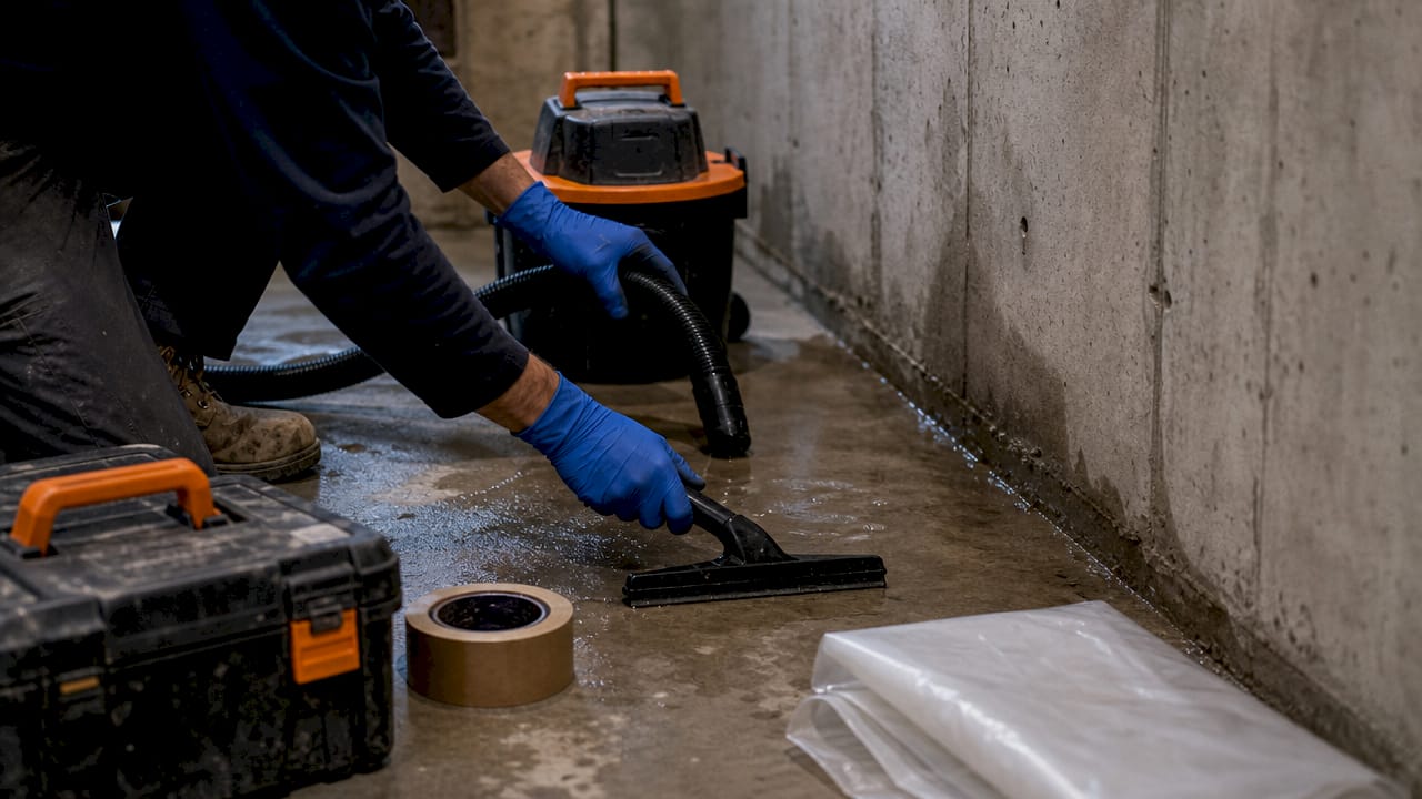 Hands extracting water with wet vacuum in basement