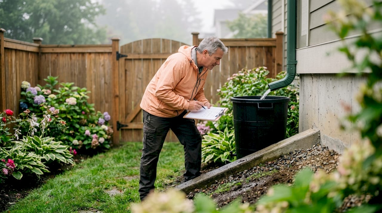 Man inspecting exterior basement drainage setup