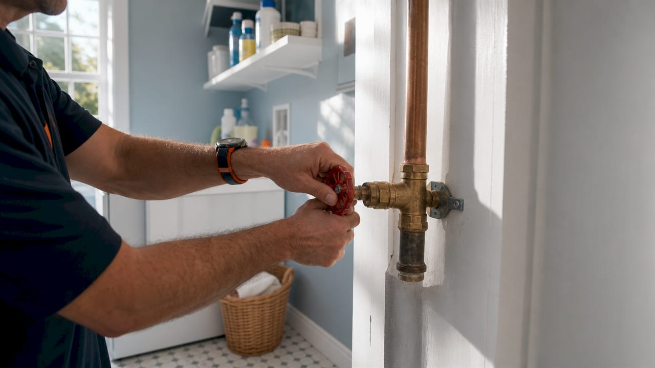 Hands turning off water shutoff valve