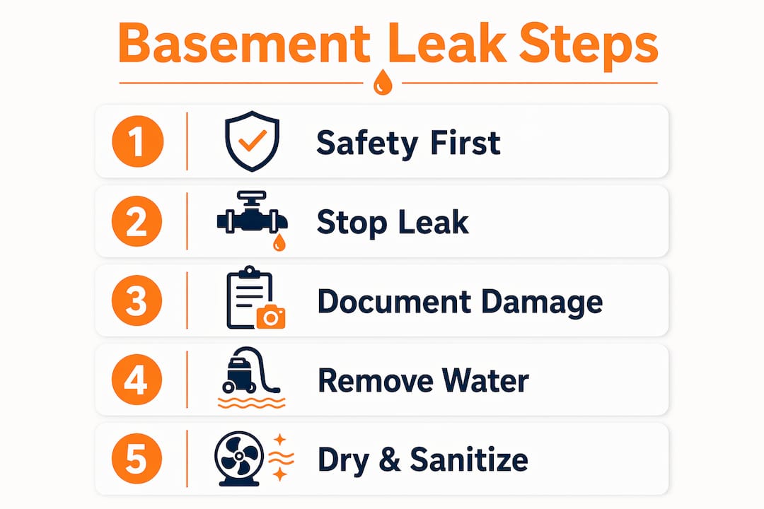 Infographic outlining basement leak recovery steps