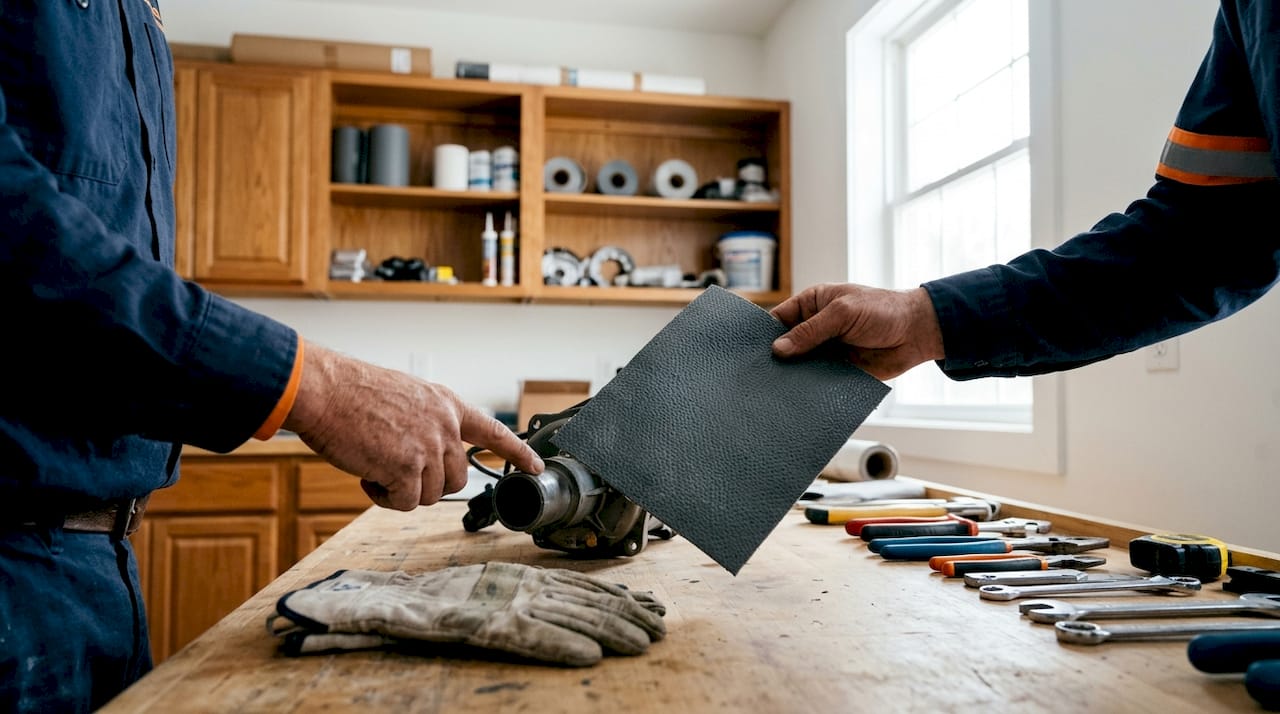 Close-up of hands inspecting waterproofing materials