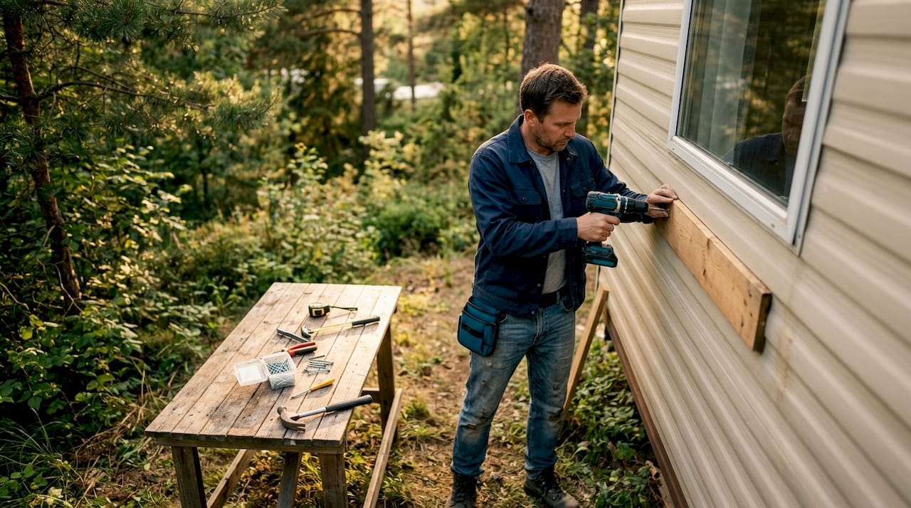 Handyman repairing mobile home exterior panel