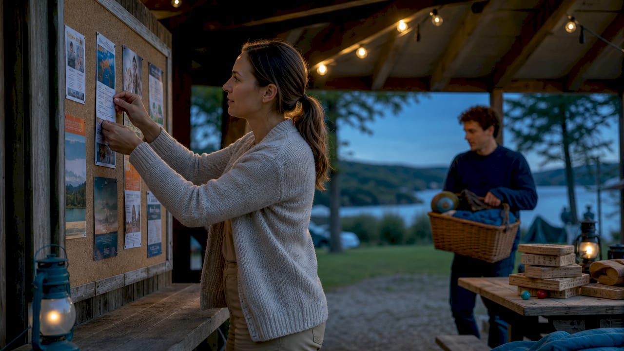 Woman arranging campsite social event flyers at pavilion