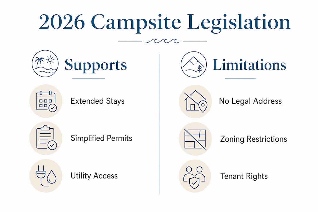 Infographic contrasting 2026 campsite legislation pros and cons