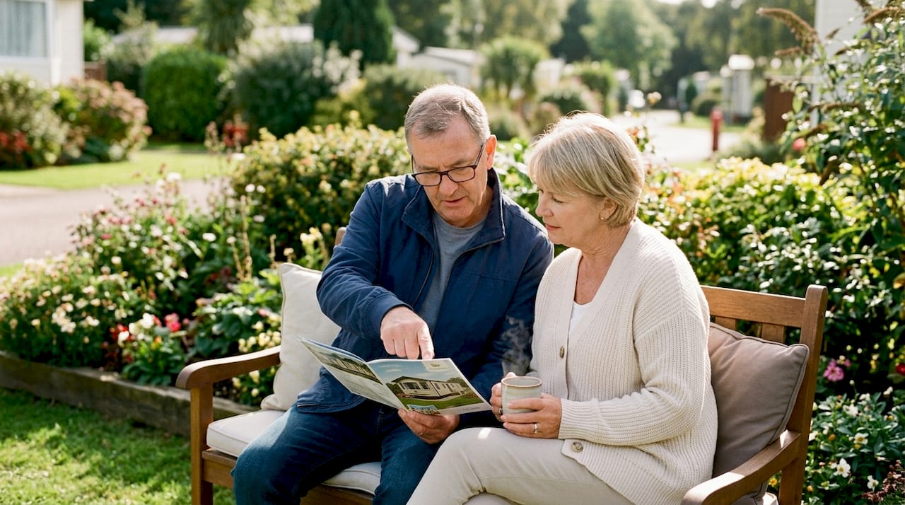 Couple reviewing holiday mobile home brochures