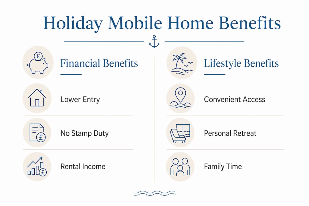 Infographic comparing financial and lifestyle benefits of holiday mobile homes