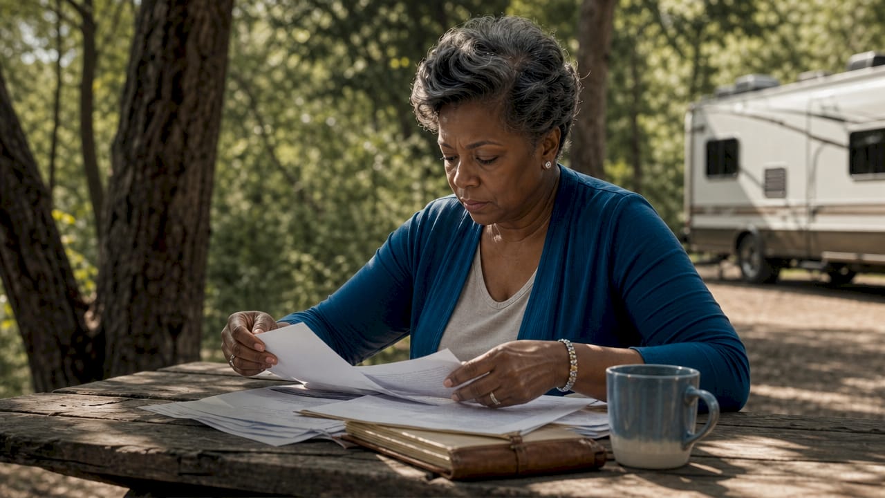 Hands arranging campsite financial documents on desk