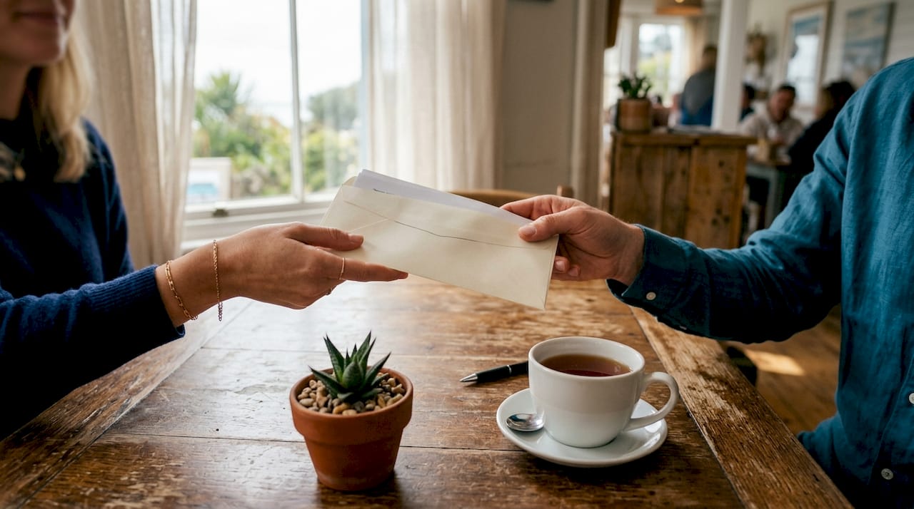 Hands exchanging mobile home legal documents over desk
