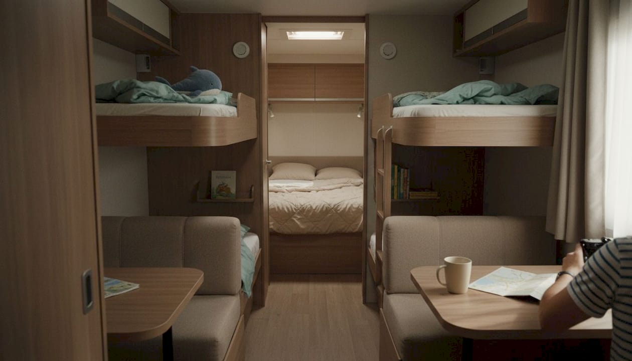 Interior bunkhouse layout of family mobile home