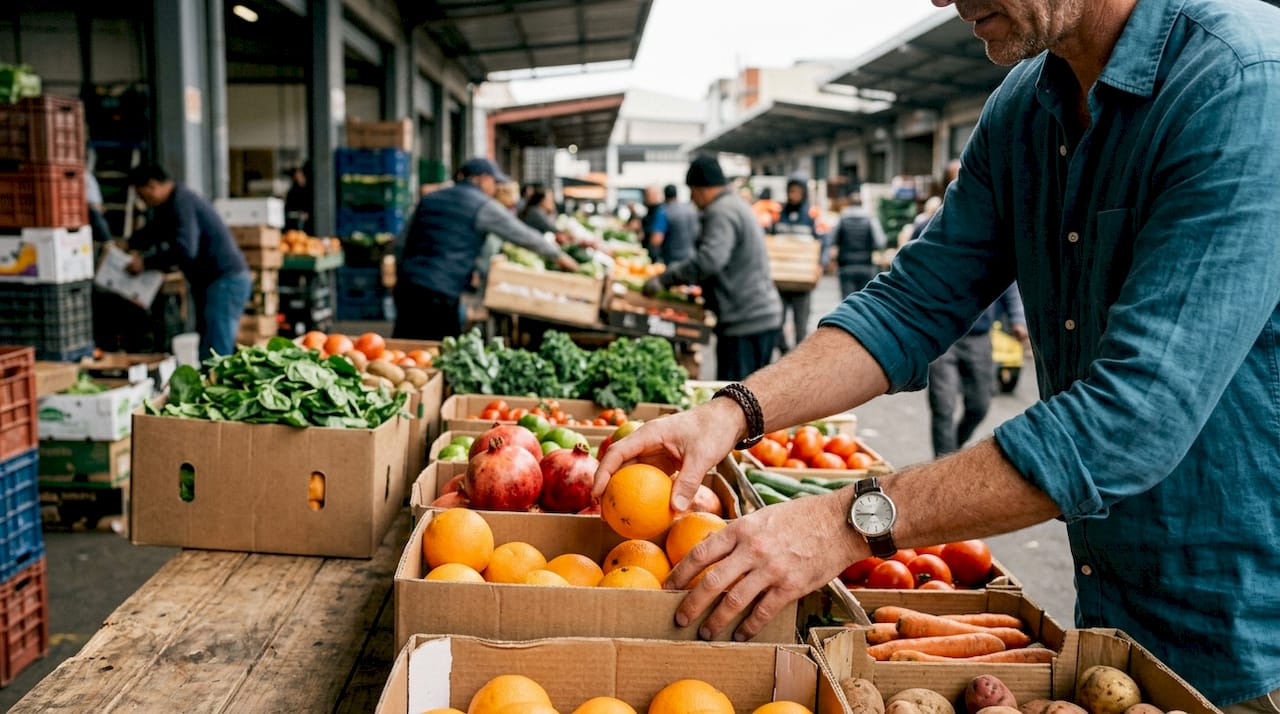 Hands selecting bulk goods at morning wholesale market
