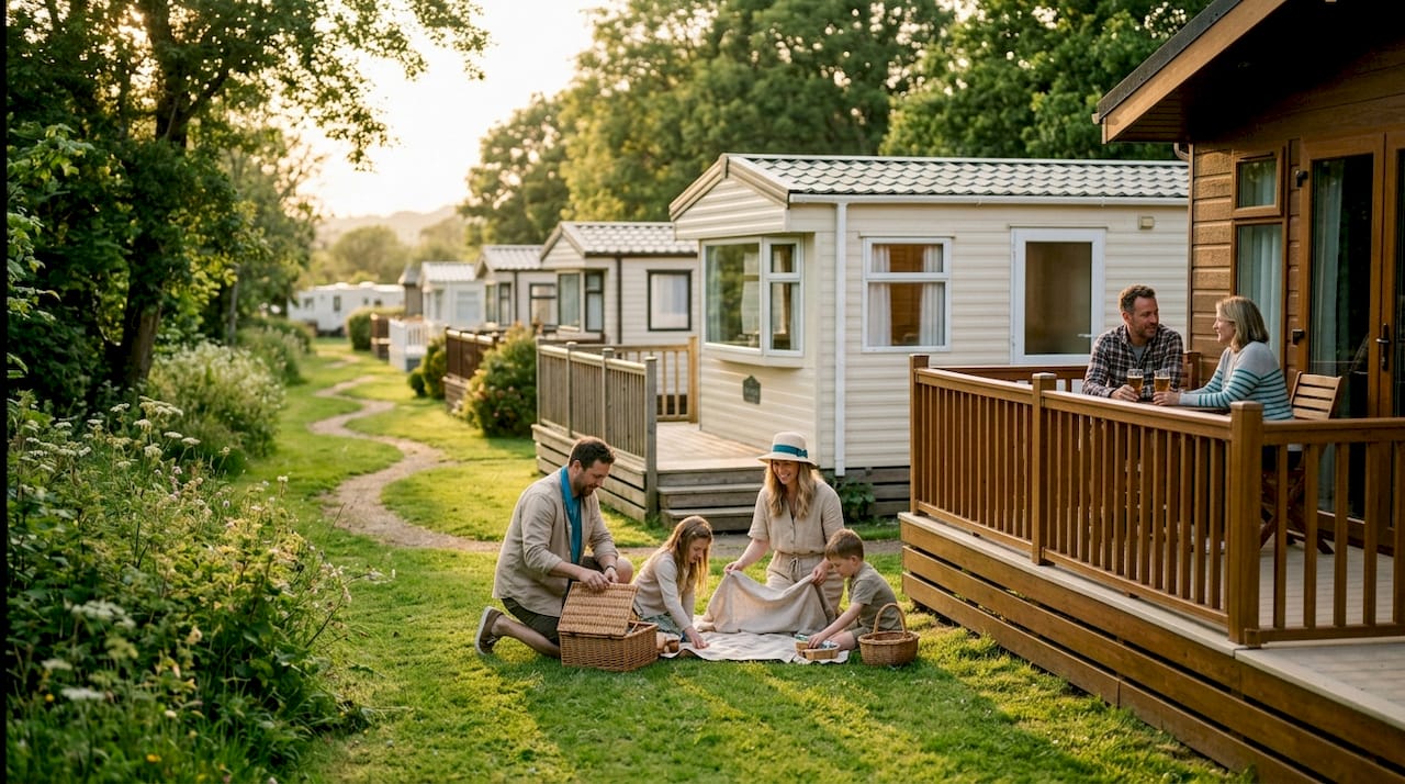 Row of static caravans and holiday lodges outdoors