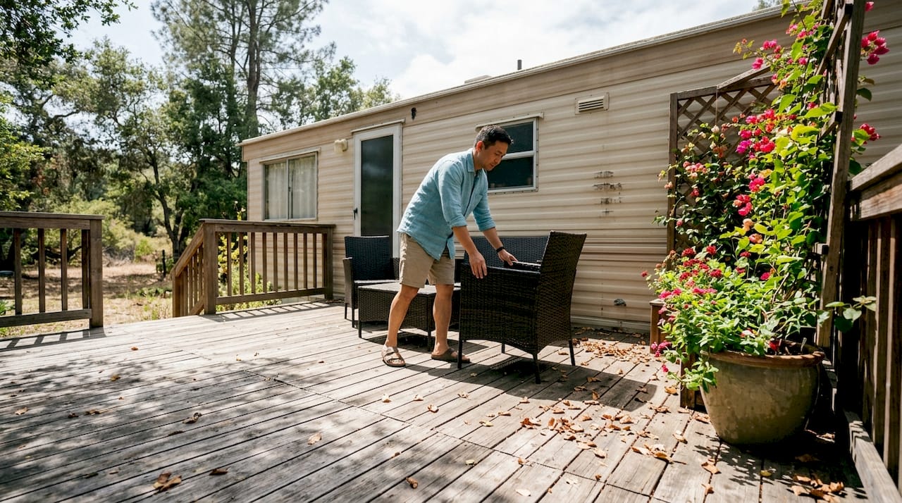 Man measuring clear space around deck furniture