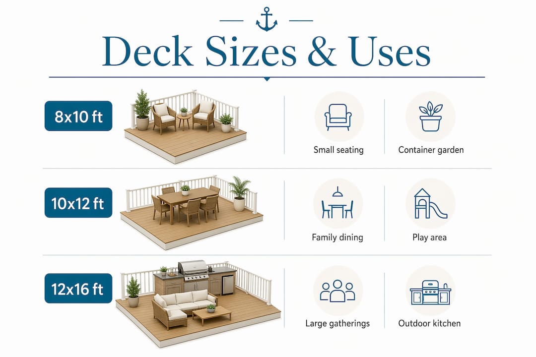 Infographic illustrating deck sizes for family outdoor uses