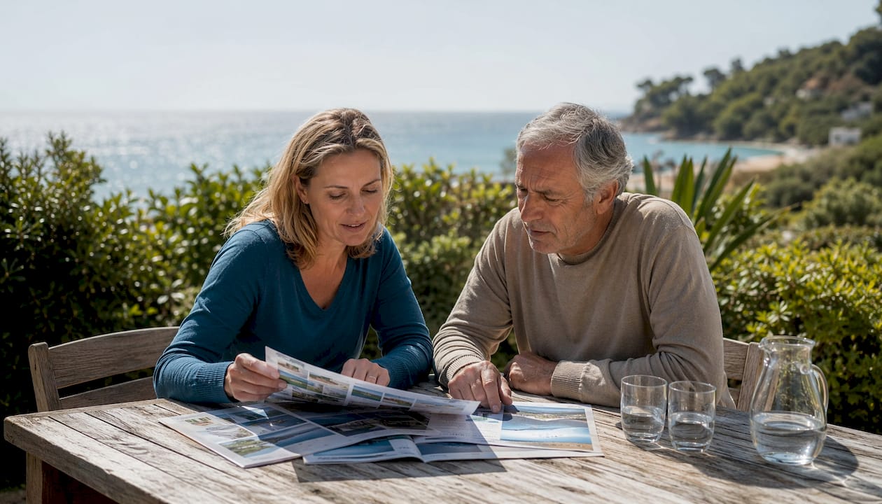 Two people comparing mobile home brochures in office
