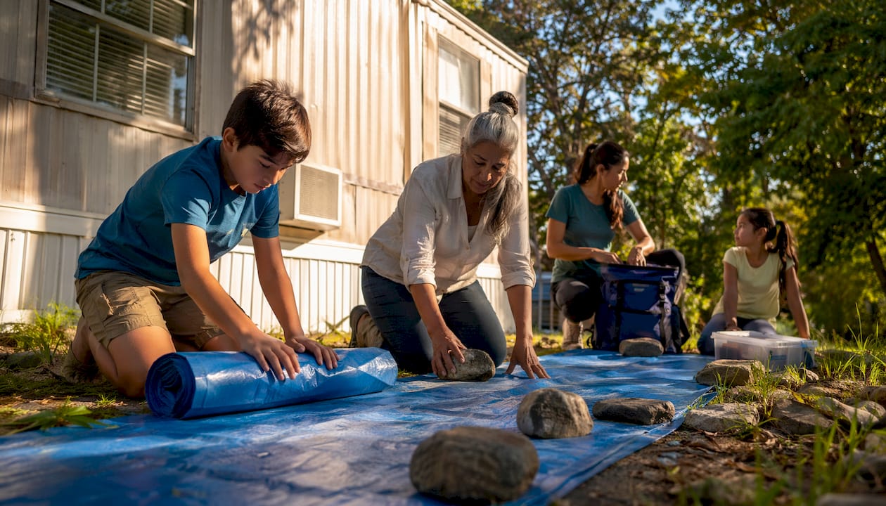 Family preparing mobile home for storm safety