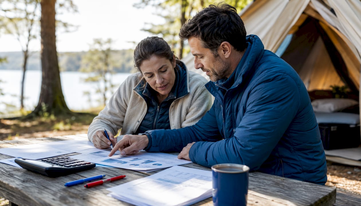 Couple reviewing campsite finances at home table