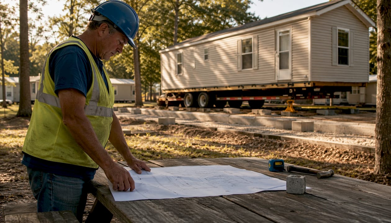 Contractor reviewing mobile home installation site