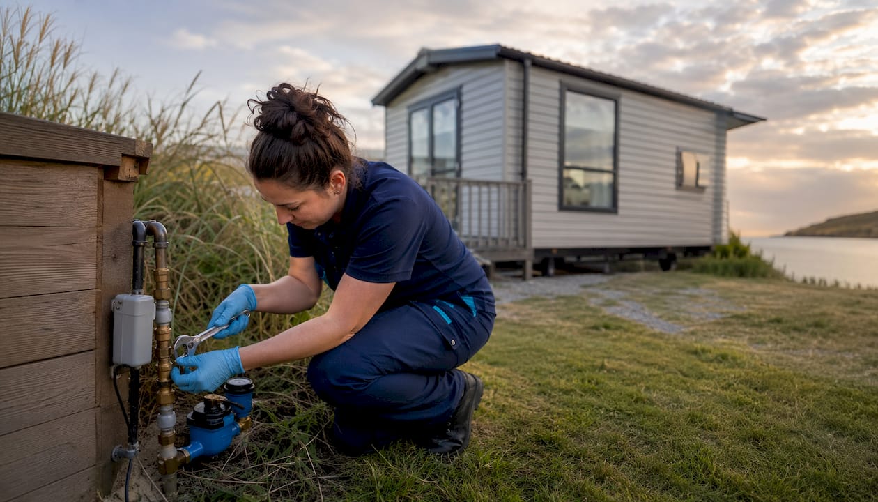 Technician connecting mobile home utilities outdoors