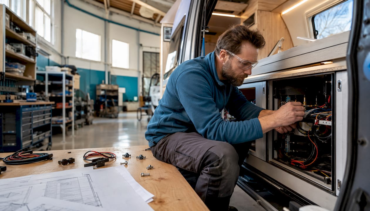 Technician working on UK camper van assembly
