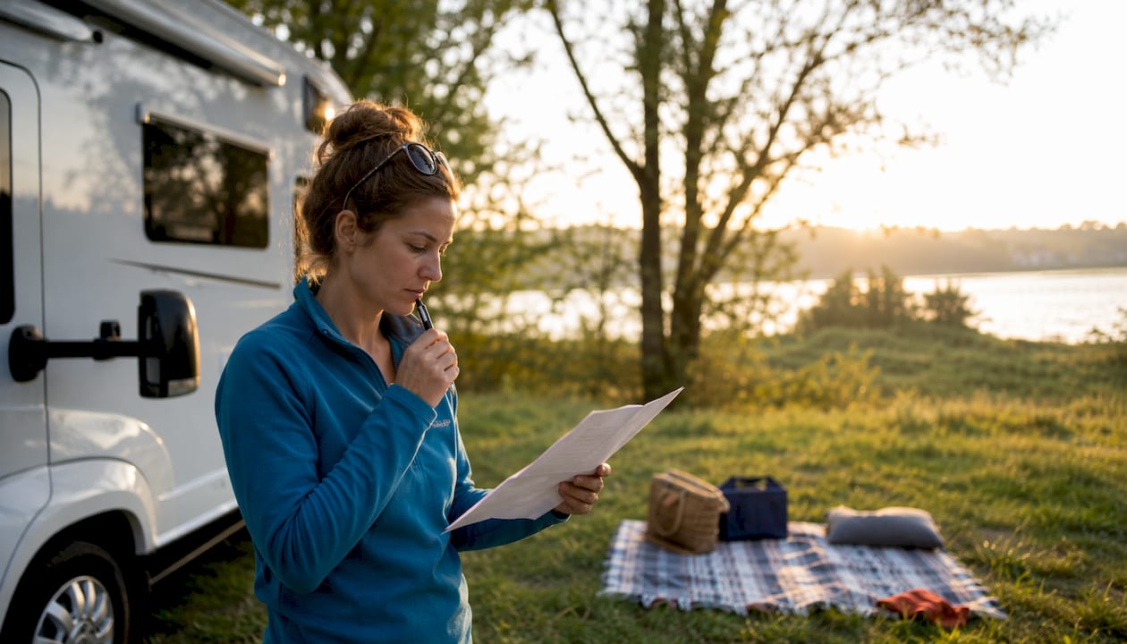 Woman checking planning permission at motorhome