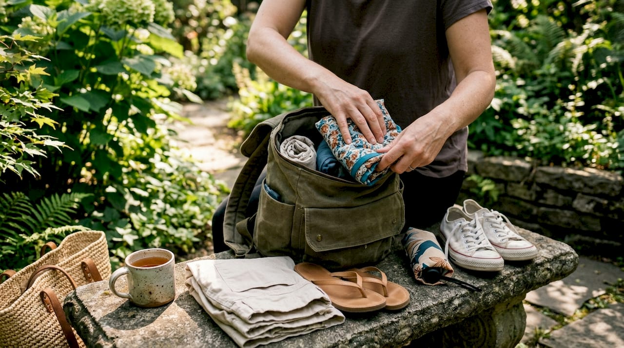 Hands packing summer clothes and shoes outdoors