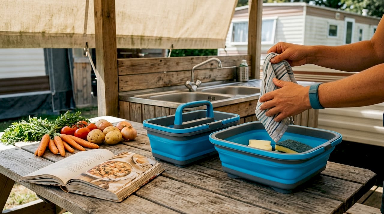 Collapsible cleaning and kitchen items on mobile home counter