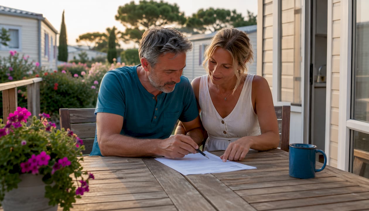Couple reviewing mobile home park rental agreement outdoors