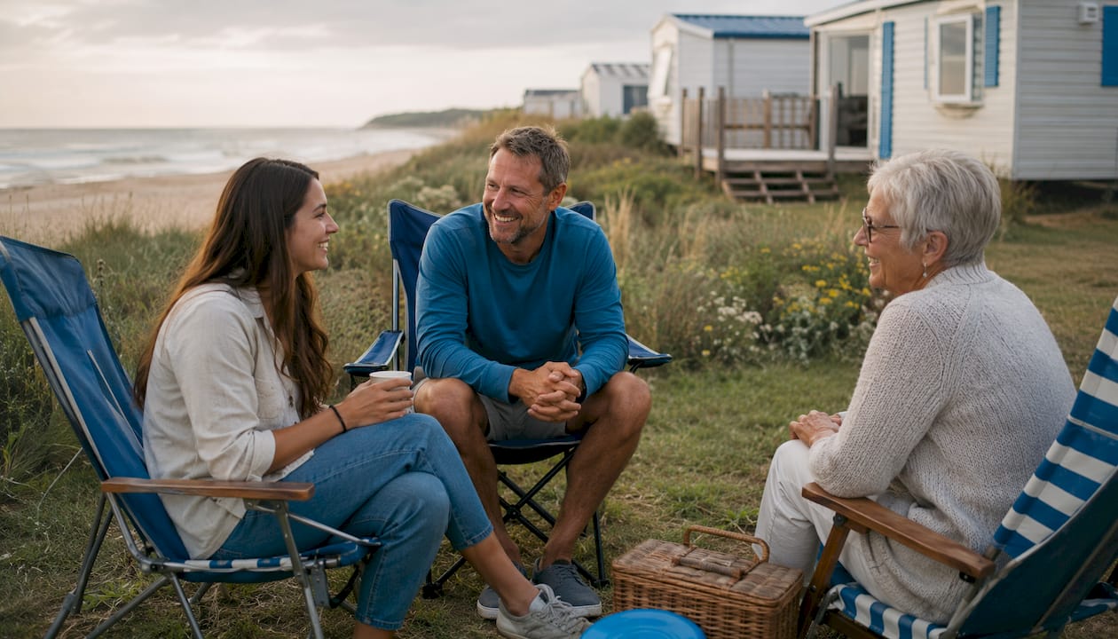Residents socializing in mobile home community outdoor space