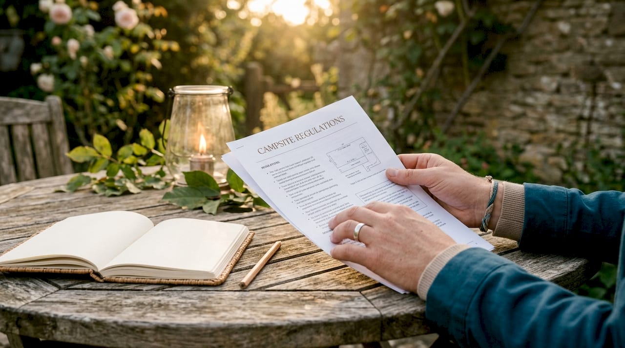Hands holding campsite planning regulation document