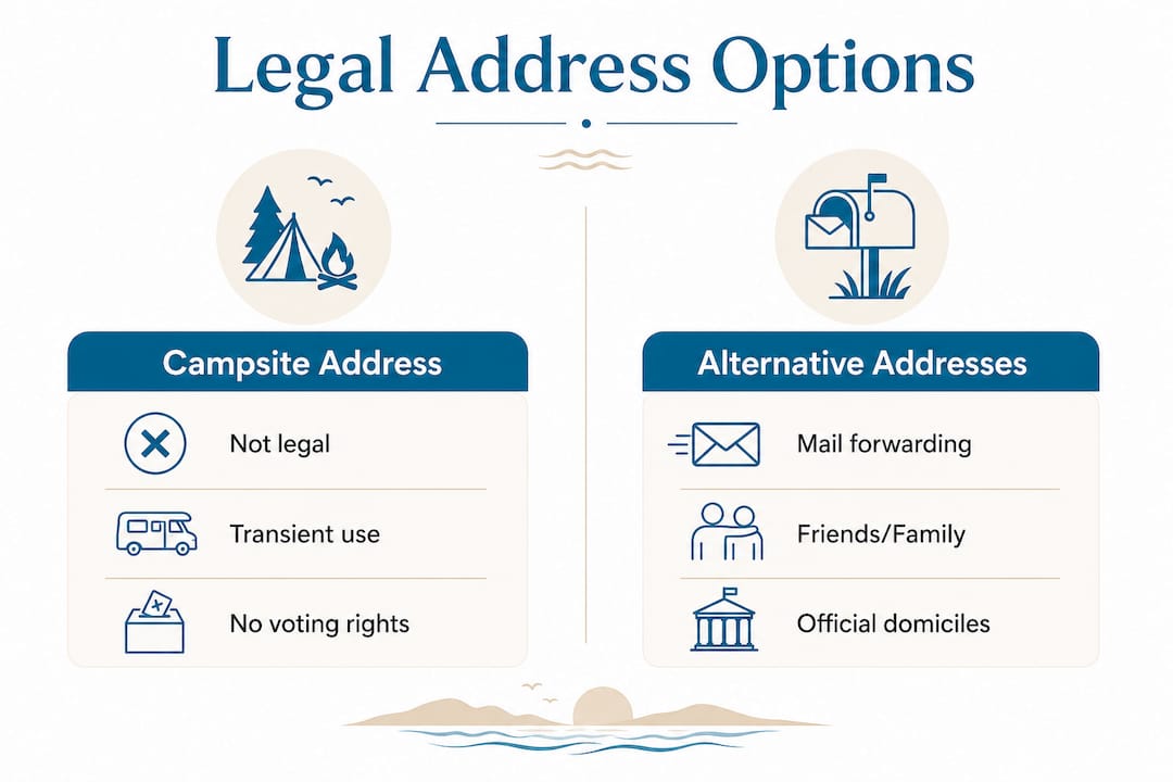 Infographic comparing campsite and alternative legal addresses