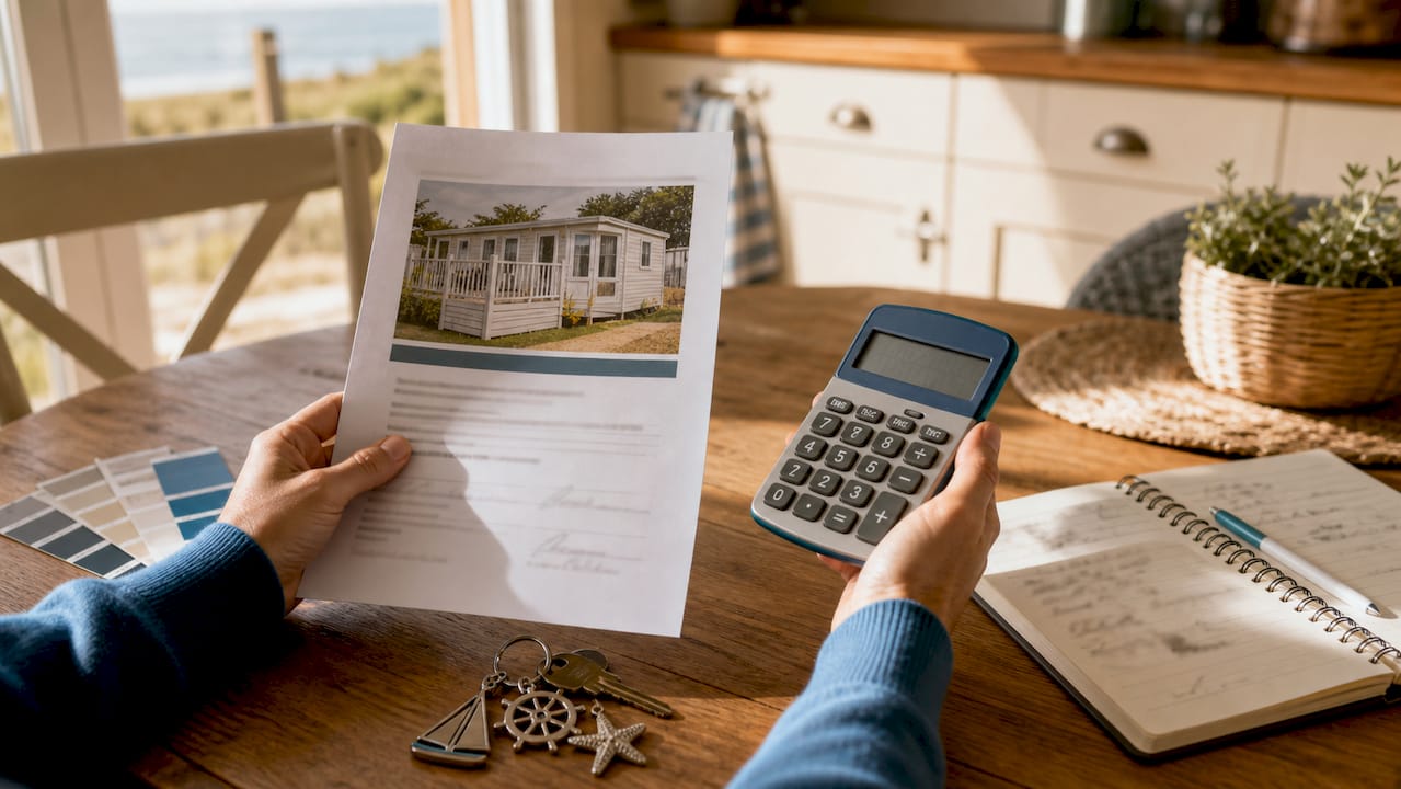Hands reviewing holiday home contract with calculator