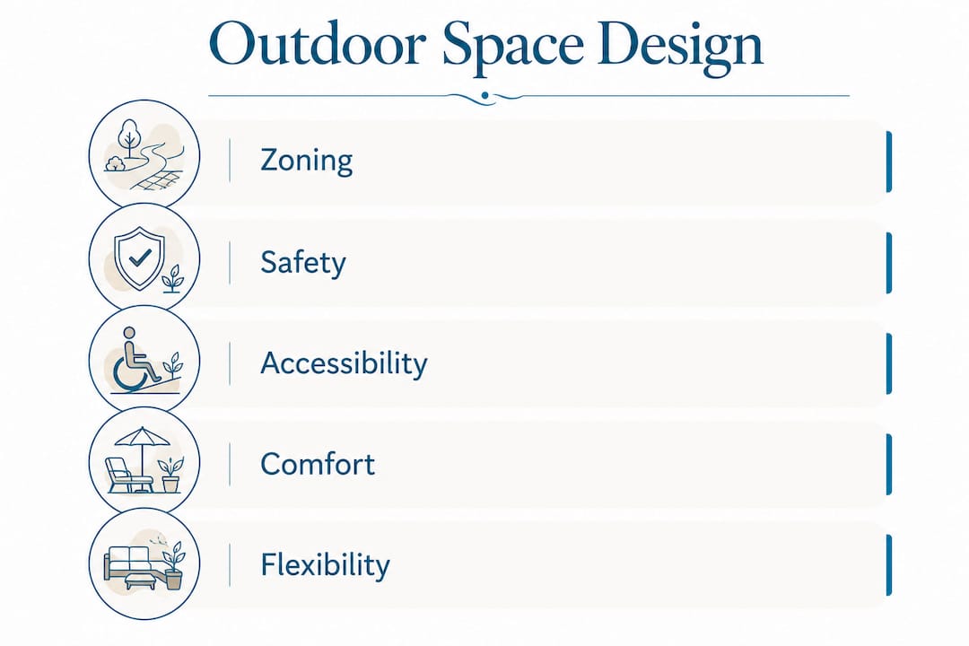 Infographic showing design principles for outdoor family spaces