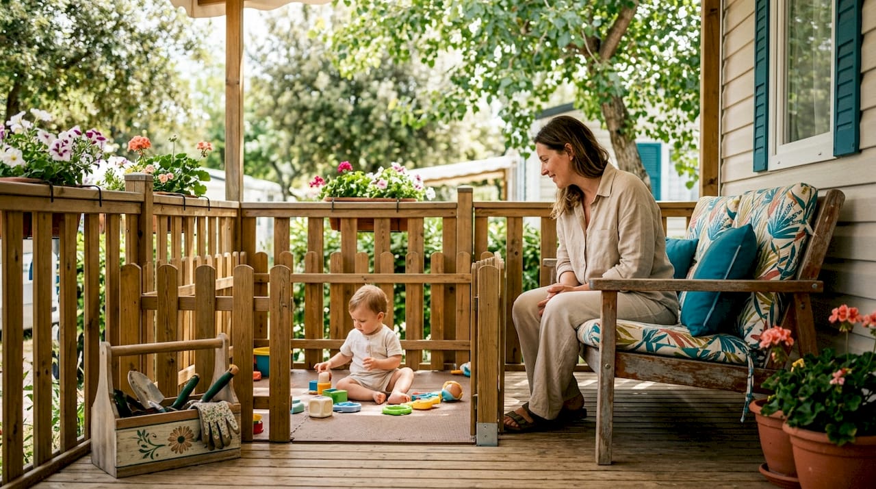 Mother watching toddler play safely on mobile home deck