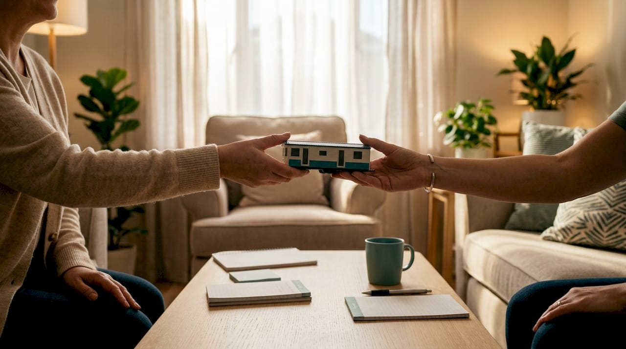 Hands exchanging mobile home model during negotiation